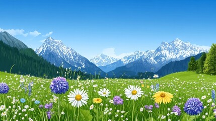 Obraz premium Summer Wildflowers and Mountain Majesty - Serene summer scene, wildflowers in vibrant meadow, majestic snow-capped mountains, symbolizes peace, beauty, nature, freedom, and tranquility.