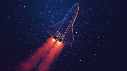 Spacecraft launching into starry night sky, fiery exhaust trail.