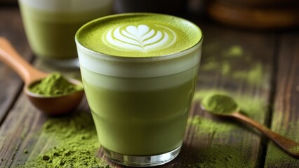 Delicious matcha latte served in glass with artistic foam design and matcha powder