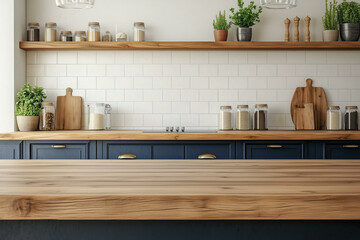 Scandinavian kitchen interior. Wooden table or countertop with blurred modern home kitchen with wood furniture front view, minimalist style