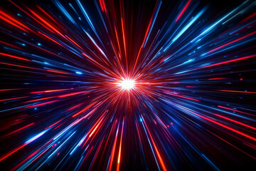 Space speed lights. Futuristic glowing blue red neon lines and points, abstract fast moving particles and streams. Sci-fi background with glowing energy waves and light rays, space travel