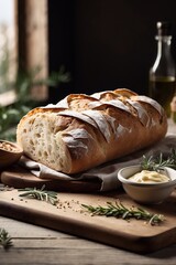 Realistic homemade bread loaf with fresh thyme and sauce on a wooden board. Side view close-up. Modern vertical stylish food photography.