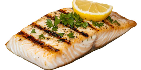 A perfectly grilled fish fillet with a lemon wedge and herbs on top. Transparent background


