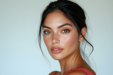 Young Hispanic woman face. Beautiful latina girl with clean skin and natural makeup, happy young woman portrait