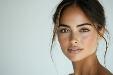 Fototapeta premium Young Hispanic woman face no makeup. Portrait of beautiful latina girl with natural skin, happy attractive young woman looking at camera