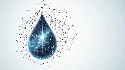 Abstract dark blue water drop with glowing center and connected nodes.