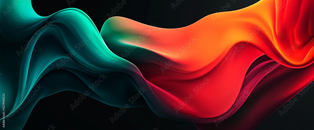 Poster A dynamic, flowing abstract image of teal and red waves blending in smooth curves on a dark background, symbolizing motion, energy, and vibrant color contrast.