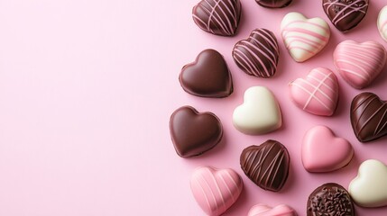 Obraz premium Assortment of Chocolate Heart Candies on Pink Background