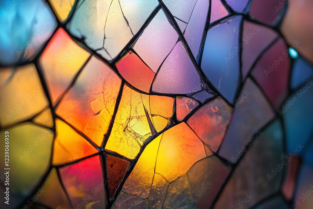 Poster a cracked glass effect with light refracting in multiple colors through each piece