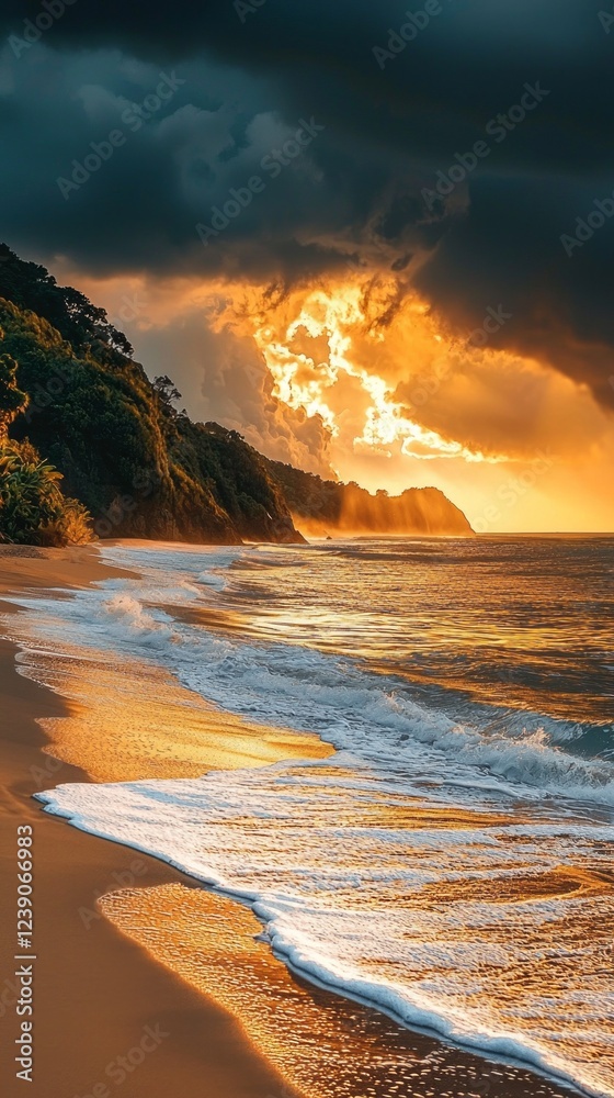 Poster waves softly crash onto a sandy shore, their foamy edges shimmering in golden light. dark clouds for