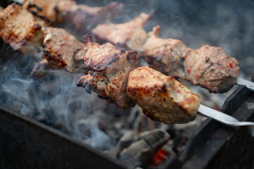 Food cooked outdoors on charcoal, hands in frame. Barbecue.