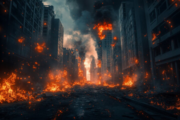 Fototapeta premium A haunting scene of a burned-out city street engulfed in flames, evoking a sense of desolation, abandonment, and the dramatic aftermath of urban disaster in a stark portrayal.
