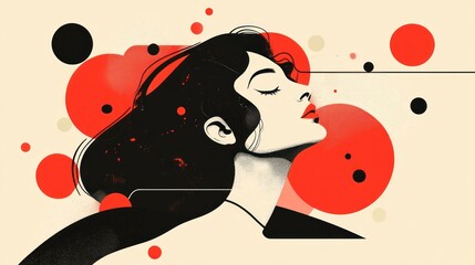 Serene woman's profile with red abstract circles.