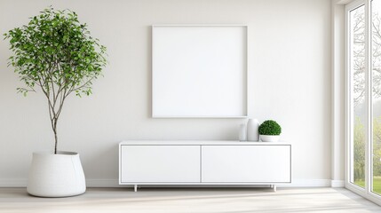 Modern minimalist living room with blank frame, plants, and window view; interior design mockup