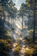 Obraz premium A serene forest path illuminated by soft sunlight filtering through tall pine trees, creating a mystical atmosphere with mist hovering in the air.