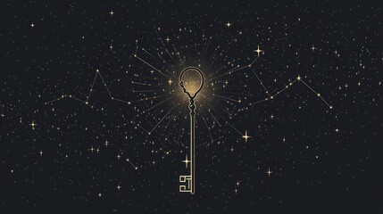 Golden key glowing in dark night sky, constellations and stars.