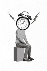Vertical collage image of mini black white gamma person sitting podium cube big vintage clock bell...