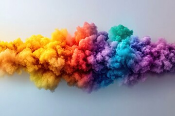 A vibrant, horizontal panorama of multicolored smoke clouds transitioning seamlessly from yellow to orange, red, purple, blue, and teal, against a light gray background.