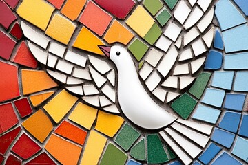 Colorful Mosaic Tile Artwork of a White Dove in Flight Against a Rainbow Background