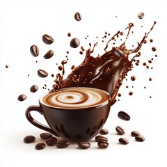 Dark espresso coffee splash with swirling foam and scattered coffee beans isolated on white background