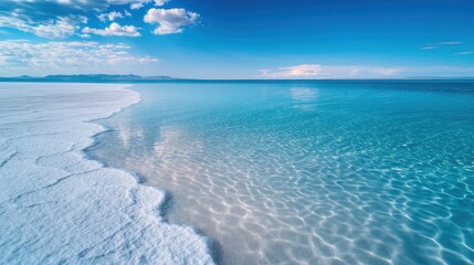 The clear water glimmers under the sunlight at a sandy beach shoreline, creating a picturesque scene that embodies relaxation and beauty in nature&rsquo;s landscape.