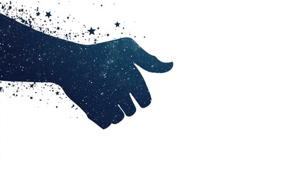 Hand silhouette dissolving into starry night sky, pointing right.
