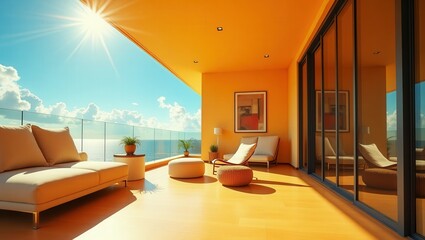 Contemporary design of modern Balcony at sunny day, cinematic photography