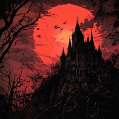 Dark Castle Silhouette Against Blood Red Moon
