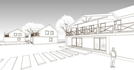 townhouse architectural sketch 3d illustration	
