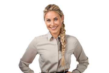 Portrait of a beautiful young businesswoman with blonde braid hair, smiling on face, isolated on white background