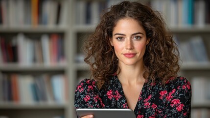 Confident woman using tablet in library