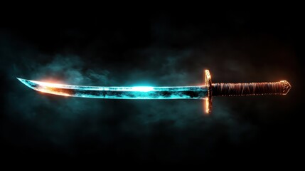 Fototapeta premium A sleek and glowing sword emits an otherworldly energy, symbolizing strength and mystique, set against a dark backdrop that enhances its captivating presence.