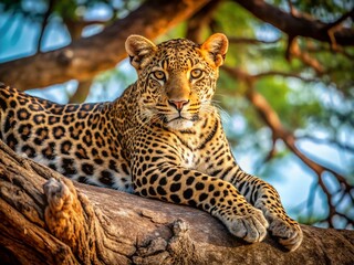 Naklejka premium Majestic Leopard Stretching Under Tree, Wildlife Photography, Big Cat, Nature, Africa