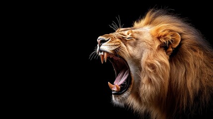 Fototapeta premium A fierce lion roaring with its mouth wide open, showcasing its majestic mane and expressing raw power and dominance against a dark background.