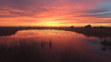 Fototapeta premium Sunset Over Water Birds Silhouetted Against Fiery Sky