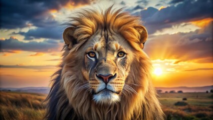 Majestic Lion Portrait Against Serengeti Sunset, Wildlife Photography
