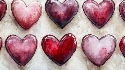 Obraz premium Watercolor Hearts Pattern: Pink, Red, and Purple Shades on Beige Background