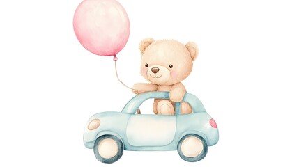 Adorable Teddy Bear Riding in a Blue Car with Balloon