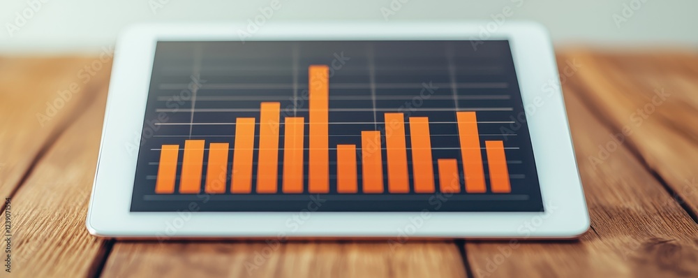 Poster a tablet displays a bar graph with orange bars on a dark background, resting on a wooden surface.