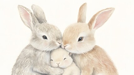 Fototapeta premium Two Rabbits Gently Embrace Their Baby