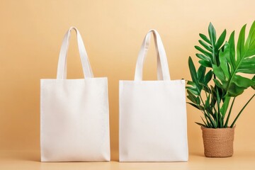 Beige Background Tote Bag Mockup - Eco-friendly, reusable shopping bags, sustainable lifestyle, blank canvas for branding, minimalist design.