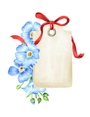 Label with copy space with Blue flax flowers. Watercolor hand drawn illustration  isolated on white...