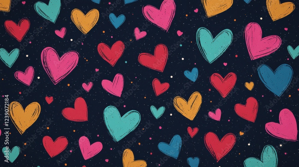 Poster A vibrant pattern featuring colorful hearts in various sizes against a dark background, creating a playful and cheerful atmosphere.