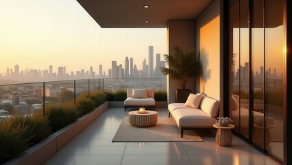 Contemporary design of modern Balcony at golden hour, cinematic photography