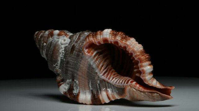 Hairy Triton (Monoplex pilearis) shell rotating against a black background. 
