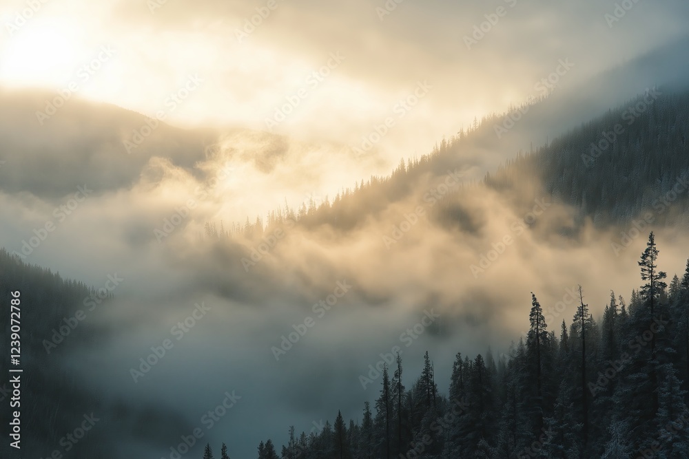Poster a foggy mountain pass with warm morning light filtering through the mist