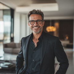Fototapeta premium Successful business leader smiling in luxurious office professional portrait indoor setting engaging atmosphere close-up angle confidence and leadership