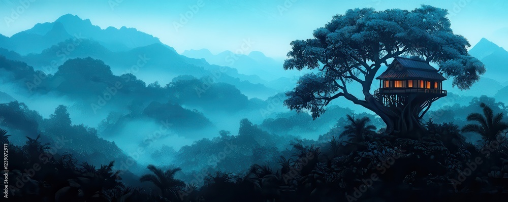 Poster a serene landscape featuring a treehouse nestled among misty mountains, illuminated by soft light, e
