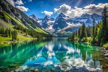 Fototapeta premium Majestic Mountain Lake with Clear Blue Water and Lush Green Surroundings