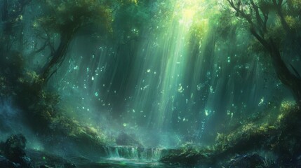 Obraz premium Lightbeams in forests create an ethereal atmosphere.